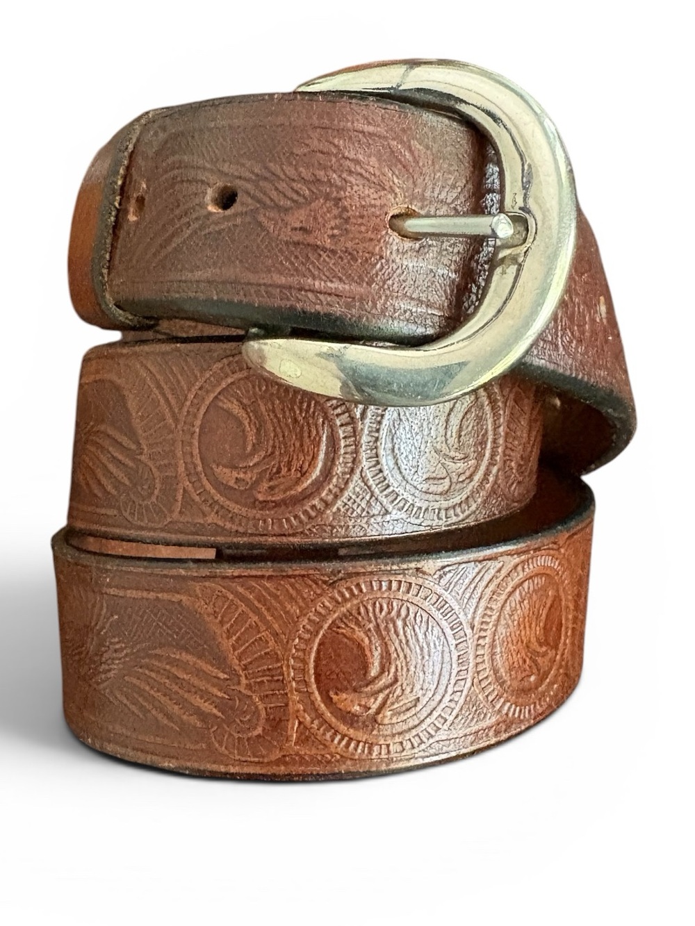 Vintage CL Handtooled Flying Eagle Western Patriotic Leather Belt Brown Sz 44